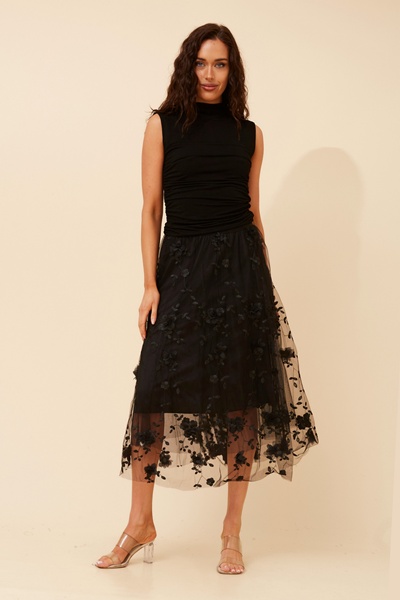 AGNALA EMBROIDERED FLORAL MIDI SKIRT