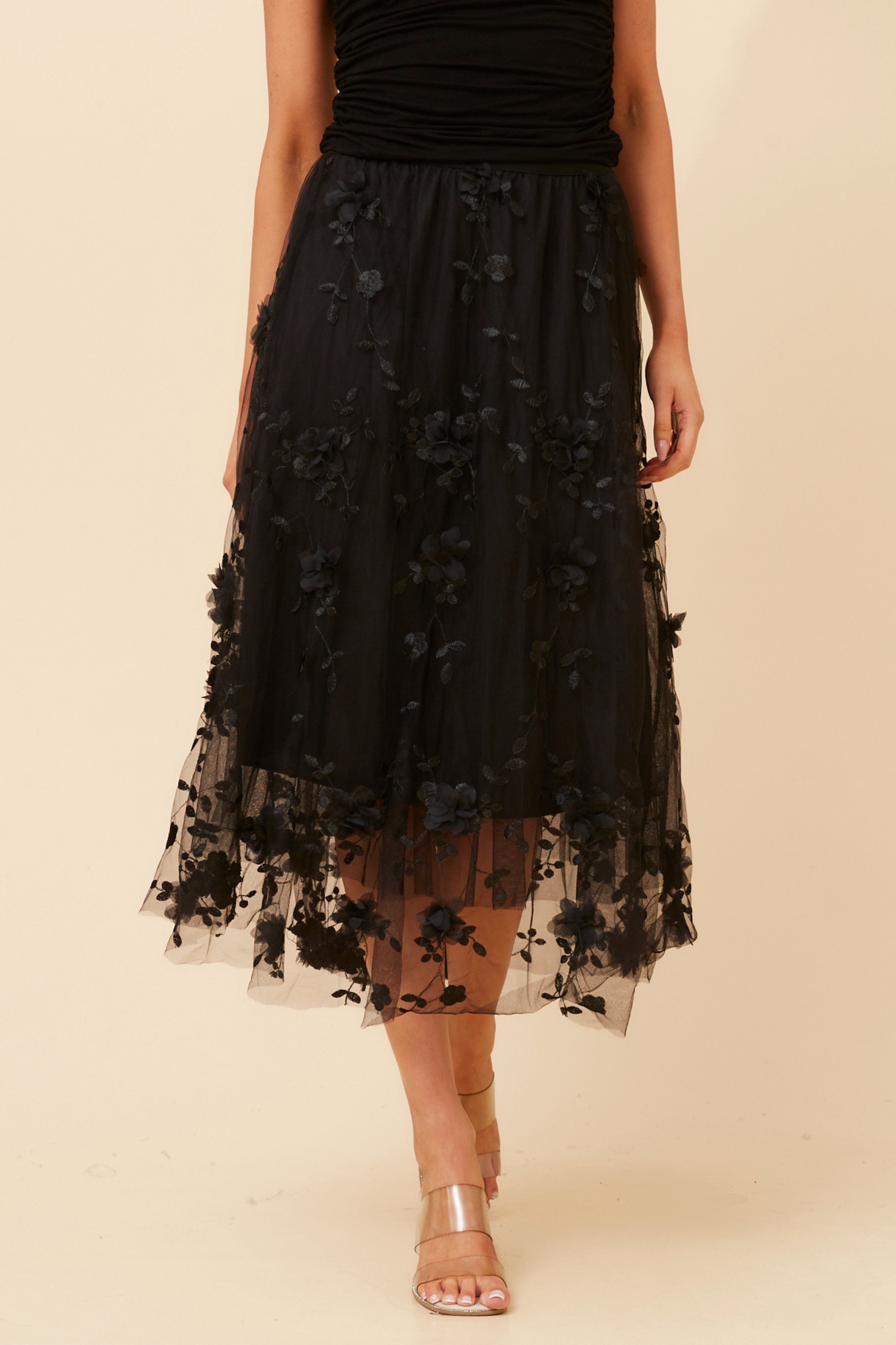 AGNALA EMBROIDERED FLORAL MIDI SKIRT