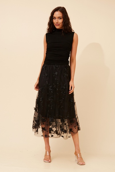 AGNALA EMBROIDERED FLORAL MIDI SKIRT