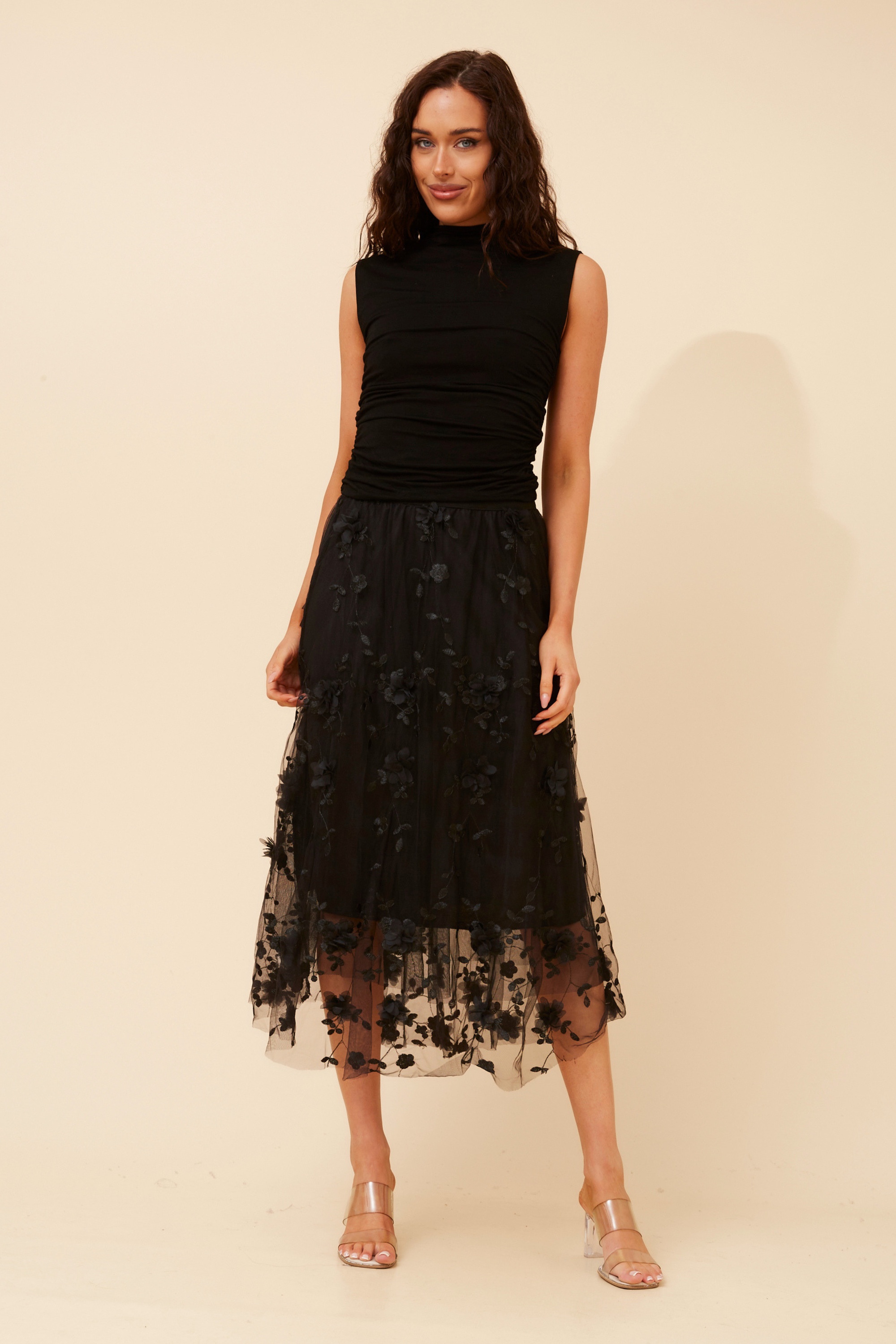 AGNALA EMBROIDERED FLORAL MIDI SKIRT