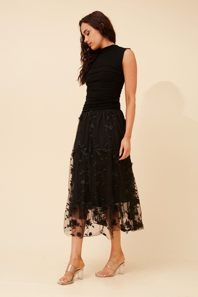 AGNALA EMBROIDERED FLORAL MIDI SKIRT
