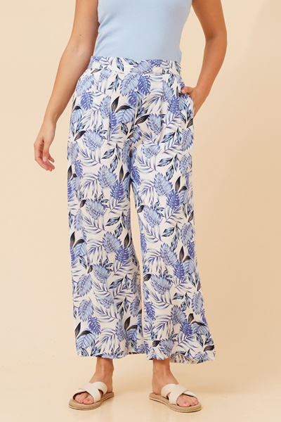 AKARIA LEAF PRINT WIDE LEG PANTS