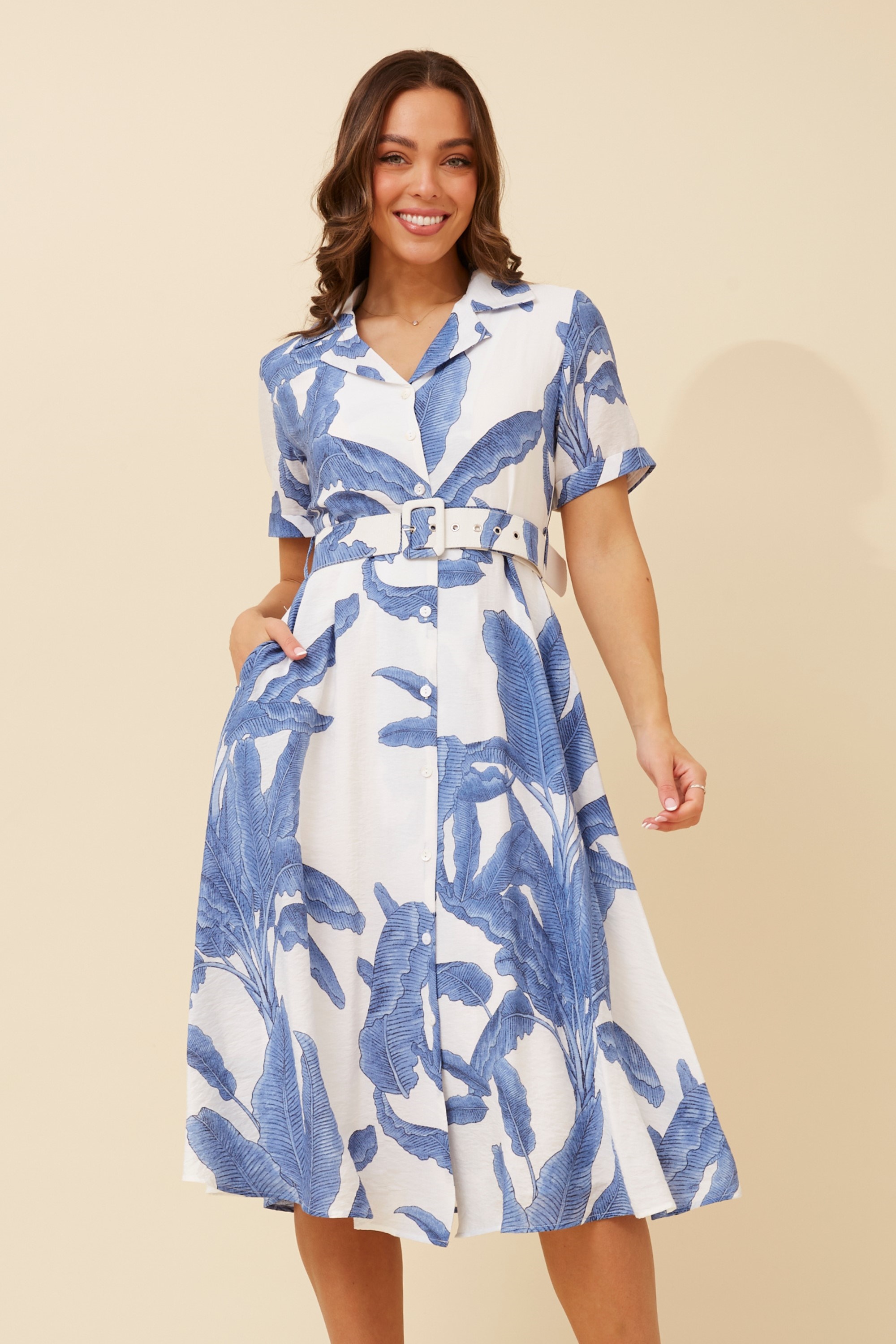 ALANIA LEAF PRINT SHIRT DRESS