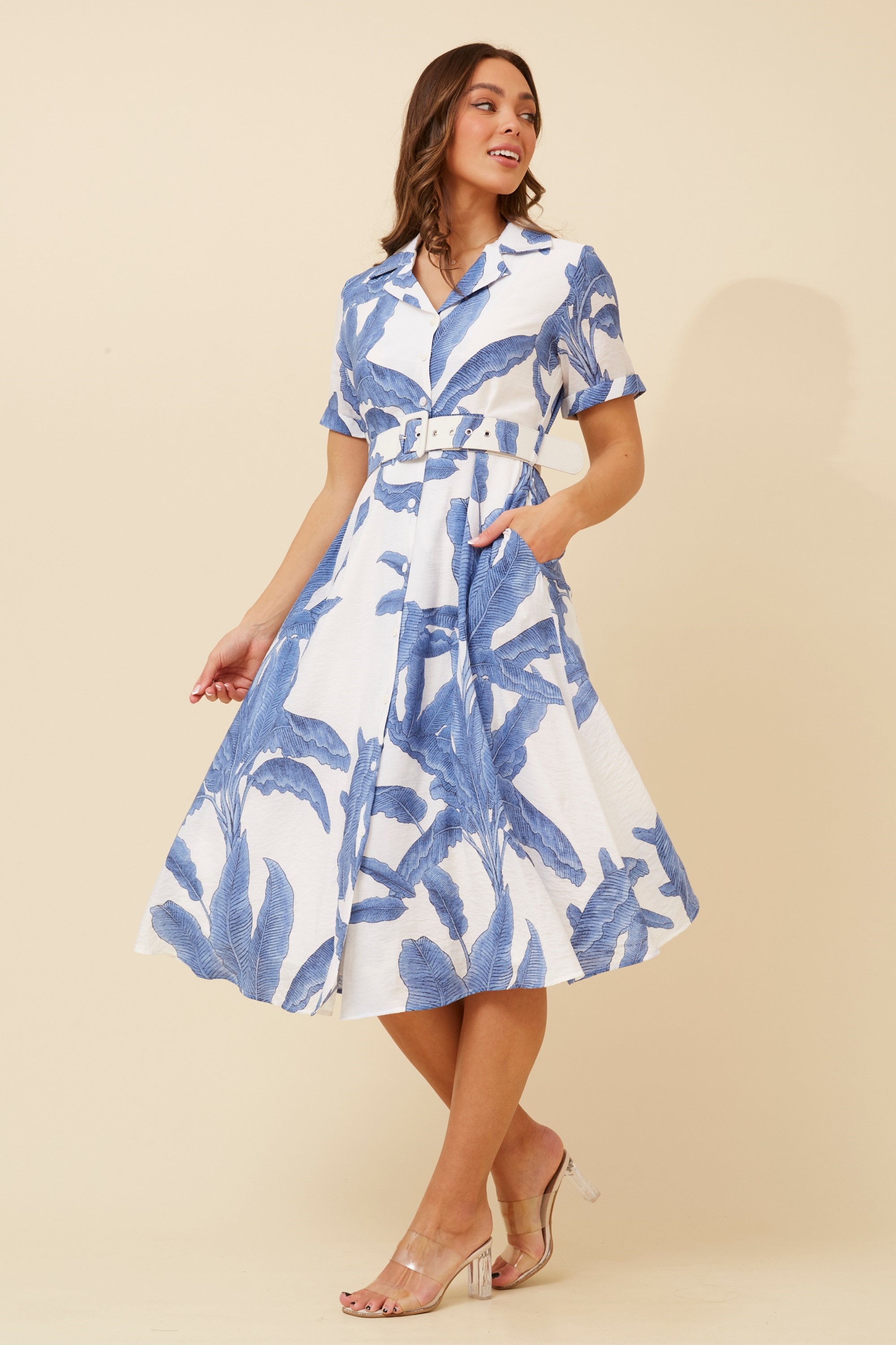 ALANIA LEAF PRINT SHIRT DRESS