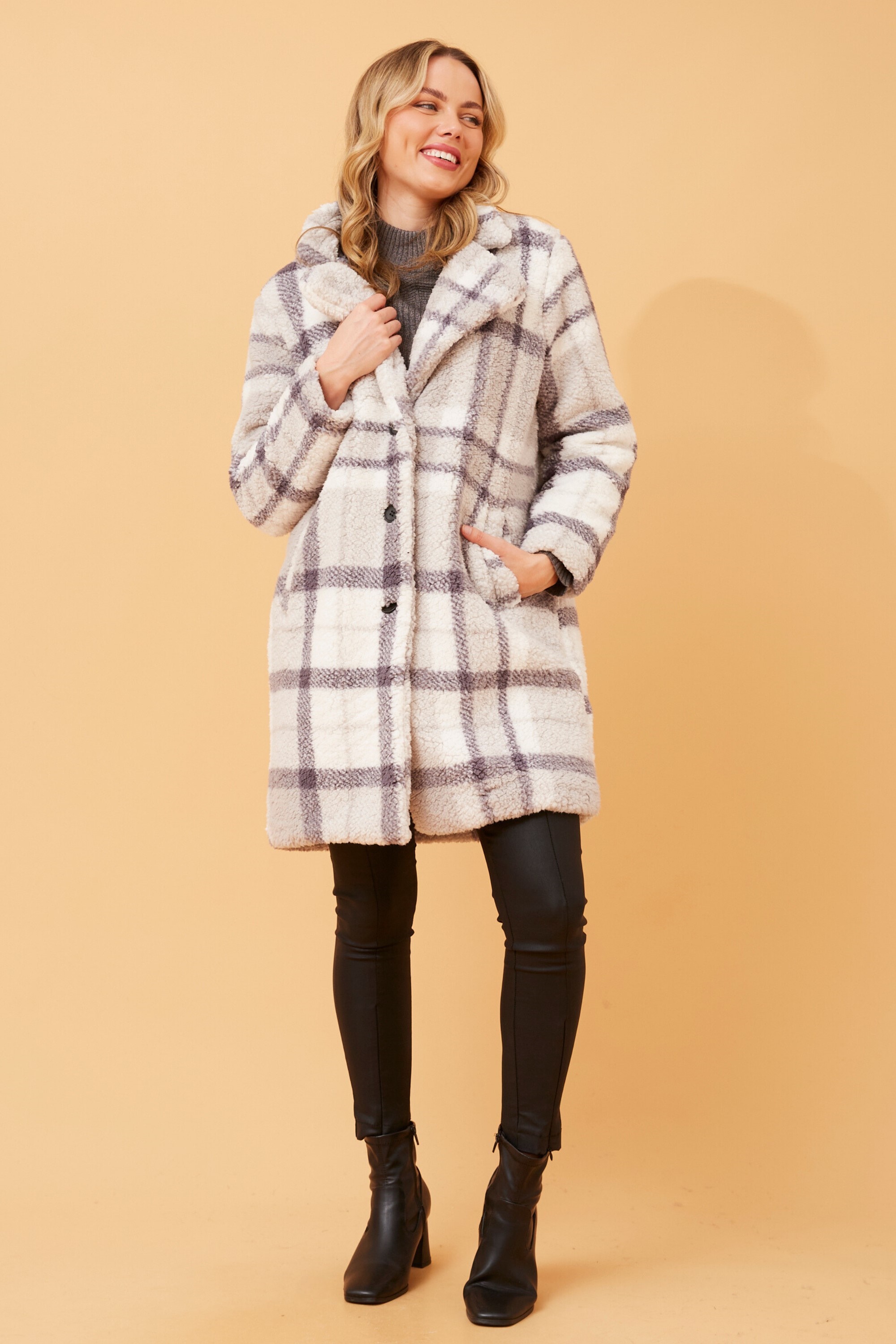 Alaska check teddy fur coat Buy Online Femme Connection