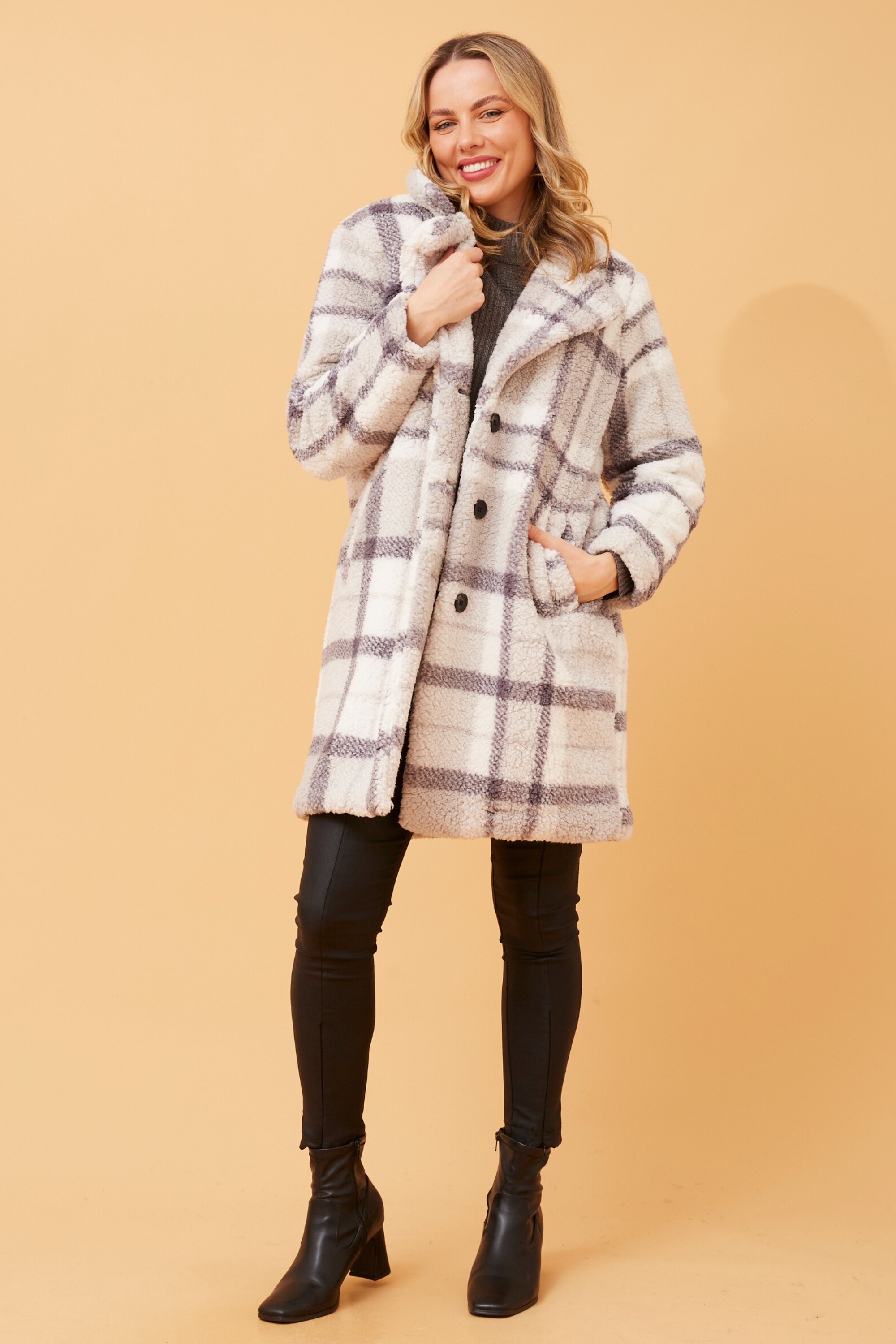 Alaska check teddy fur coat Buy Online Femme Connection