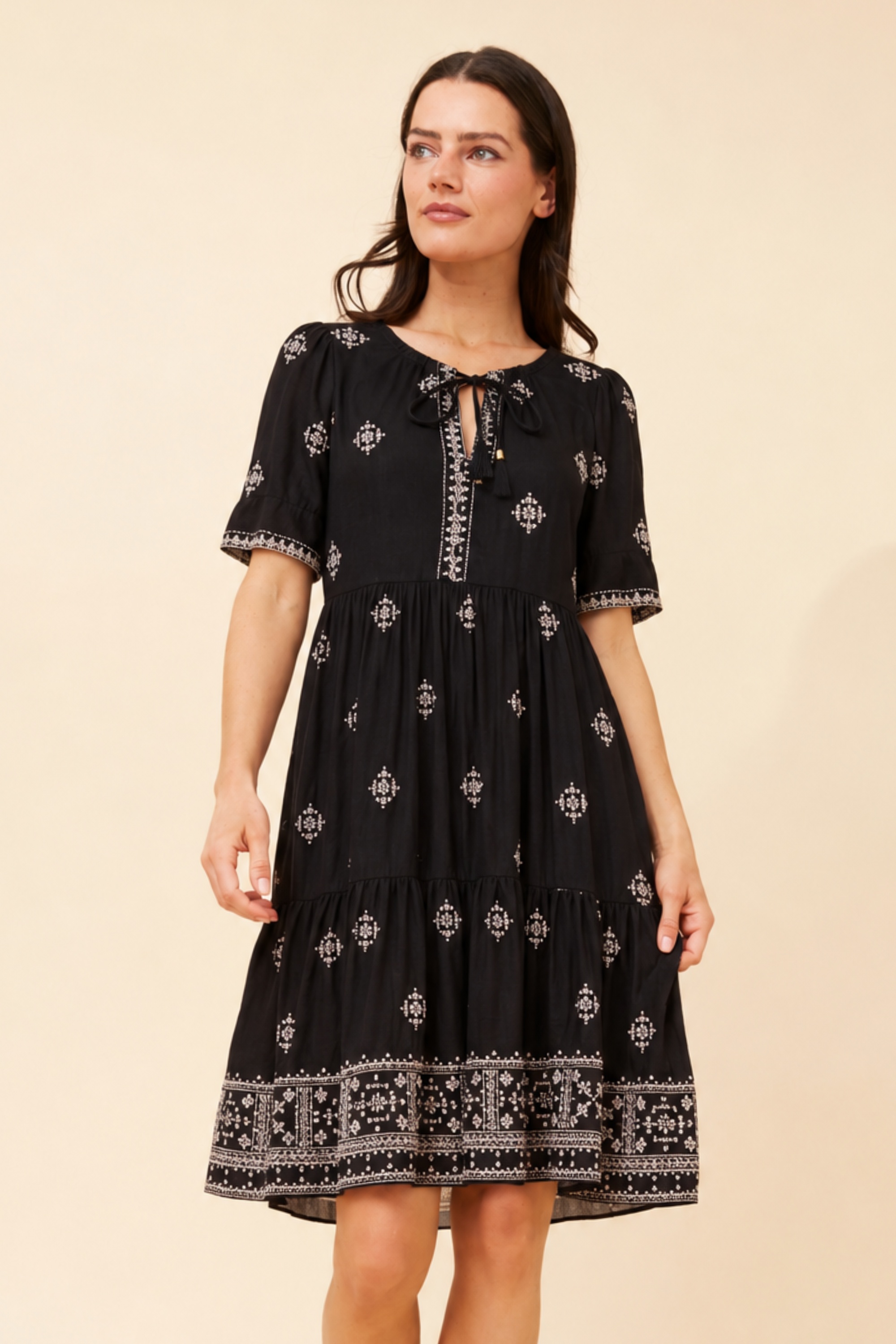 ALENA EMBROIDERED TIERED DRESS