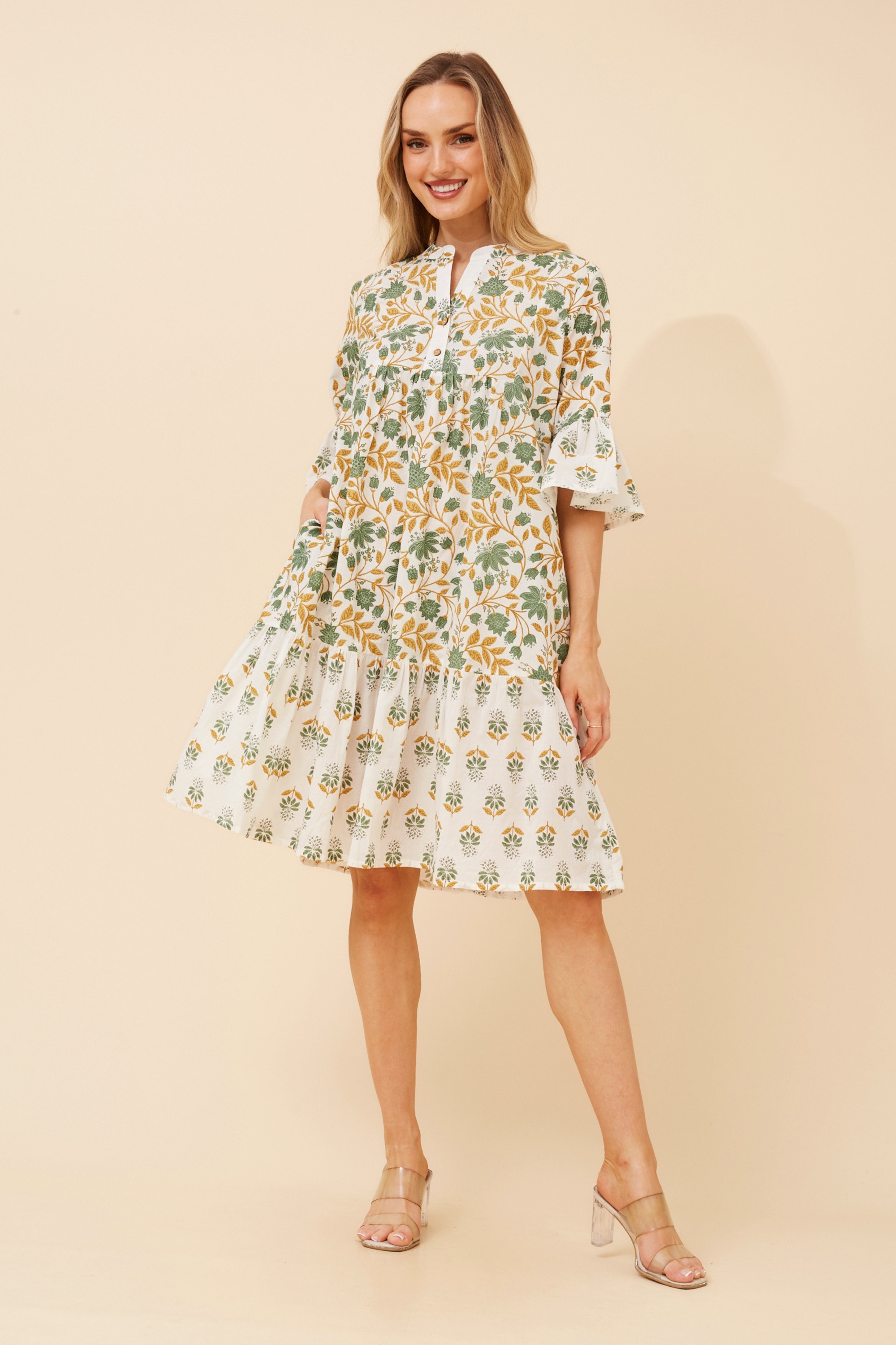 ALIMA LEAF PRINT MIDI DRESS