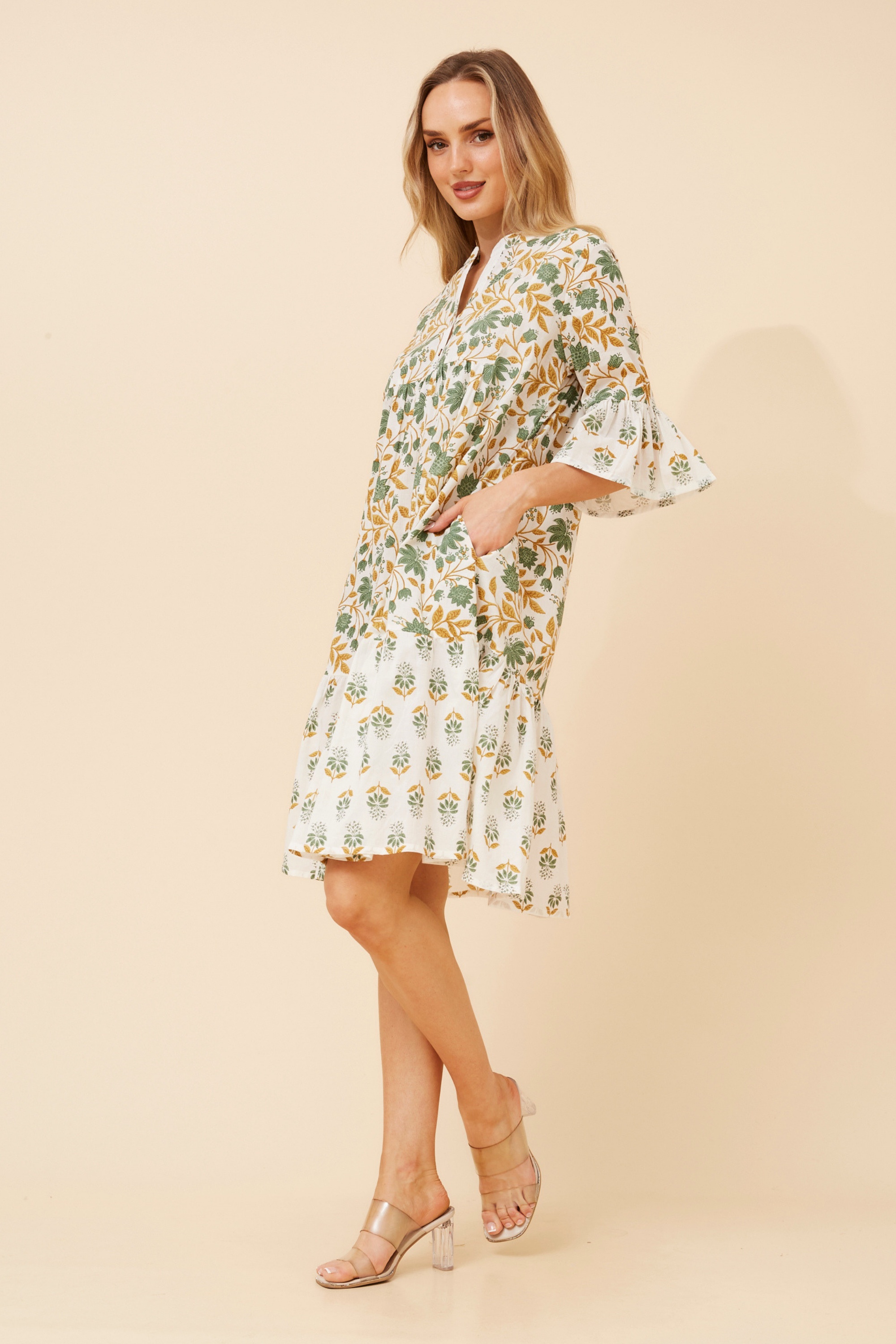 ALIMA LEAF PRINT MIDI DRESS