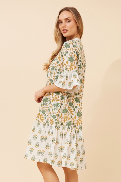 ALIMA LEAF PRINT MIDI DRESS