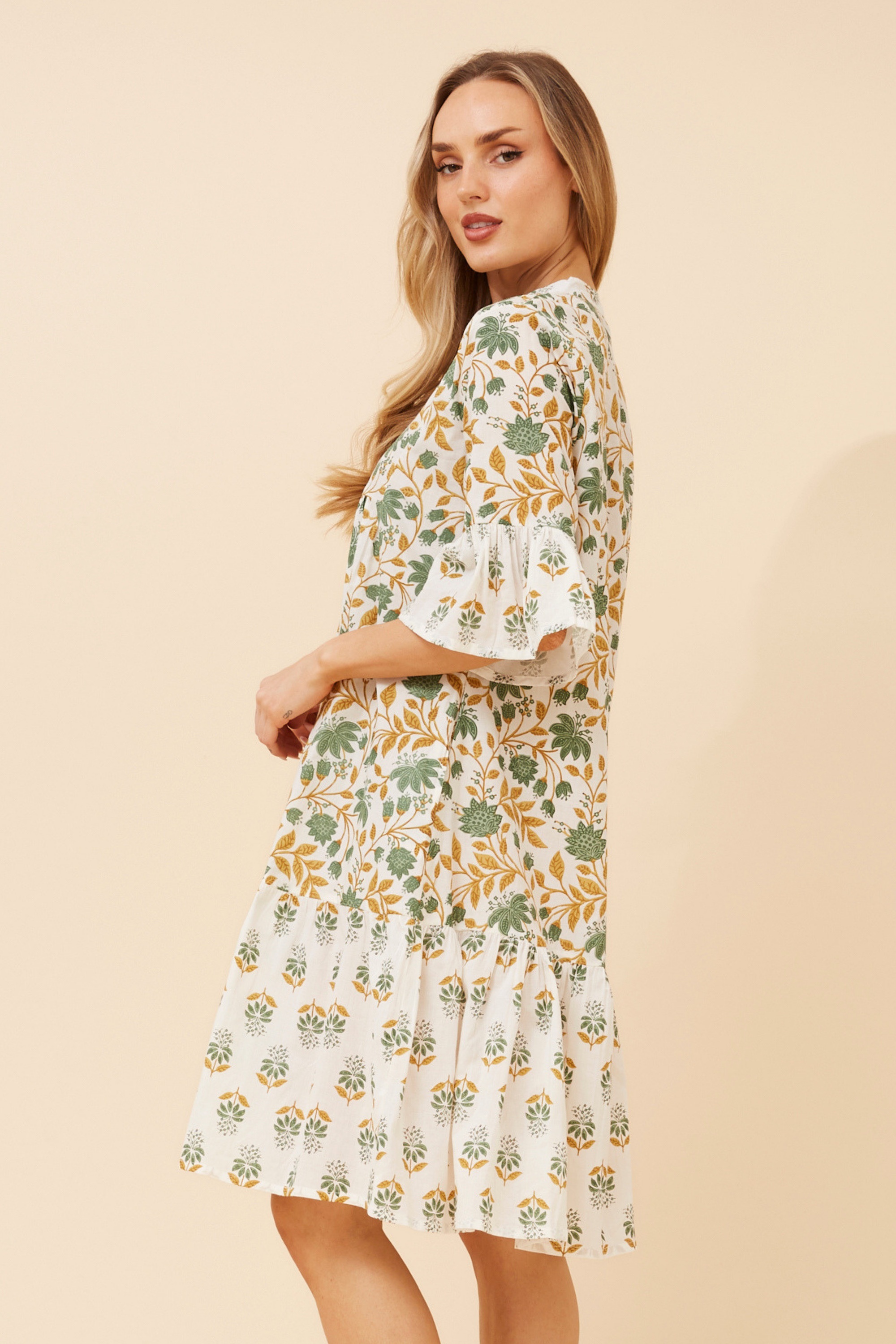 ALIMA LEAF PRINT MIDI DRESS
