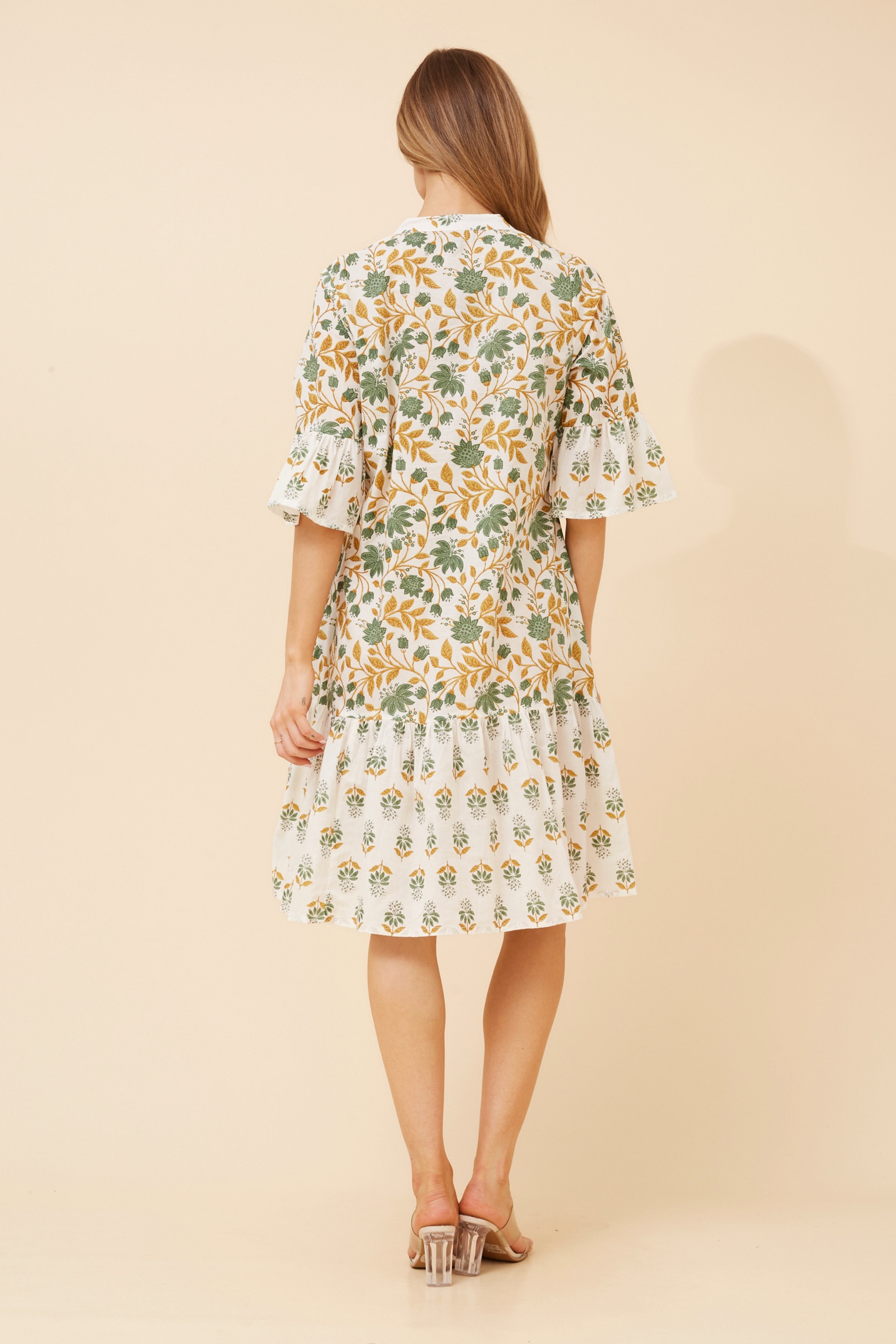 ALIMA LEAF PRINT MIDI DRESS