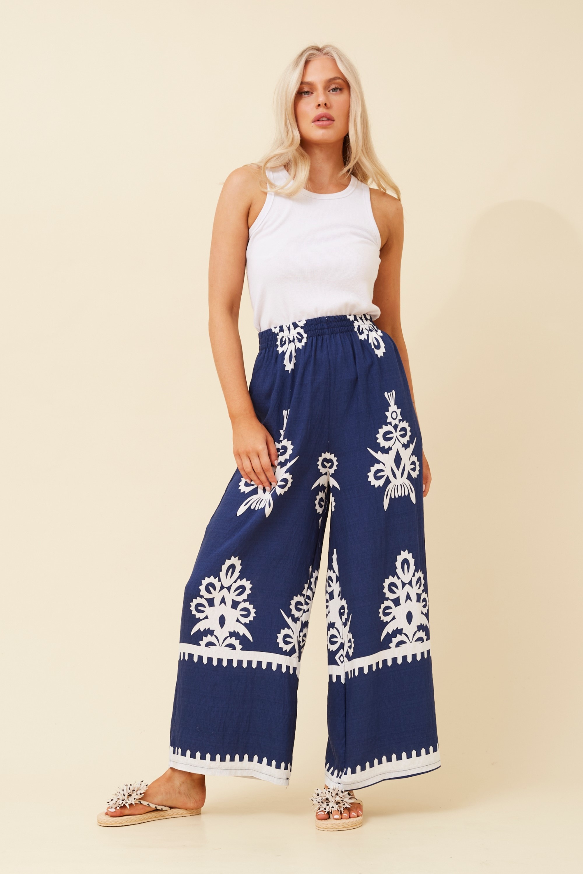 ANCA BORDER PRINT WIDE LEG PANTS