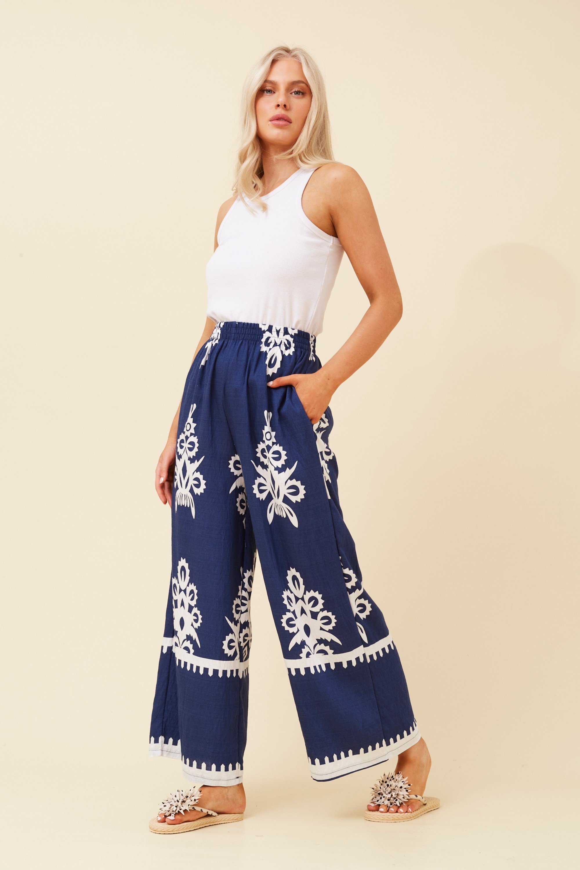 ANCA BORDER PRINT WIDE LEG PANTS