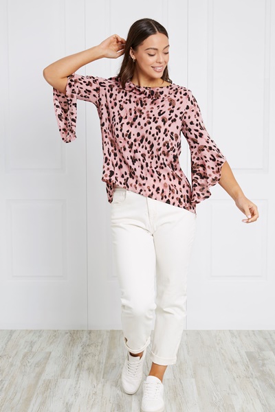 ANIMAL PRINT FLUTE SLEEVE BLOUSE