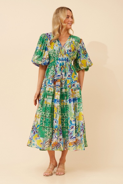 ANUSHKA PATCHWORK PRINT MIDI DRESS