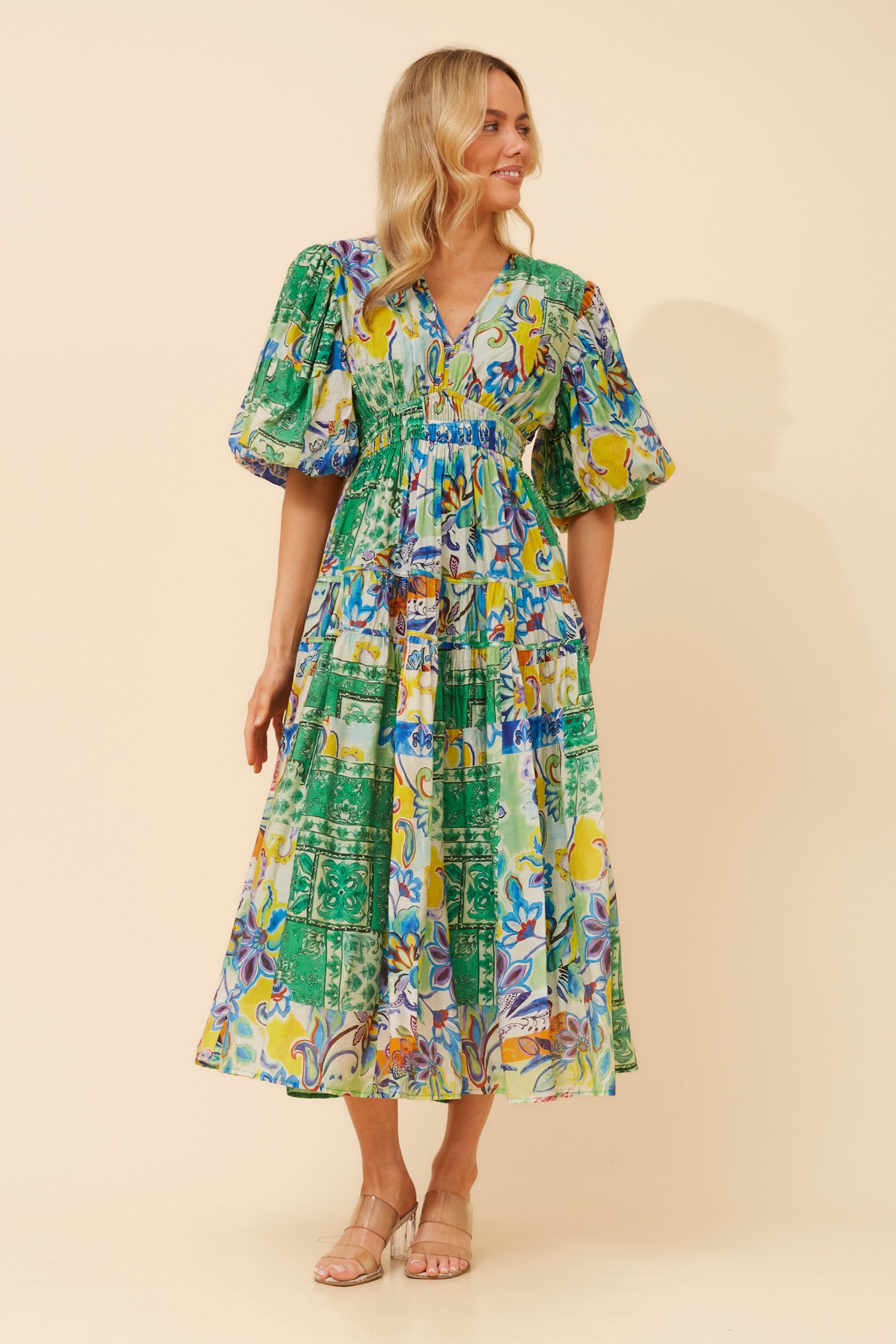 ANUSHKA PATCHWORK PRINT MIDI DRESS