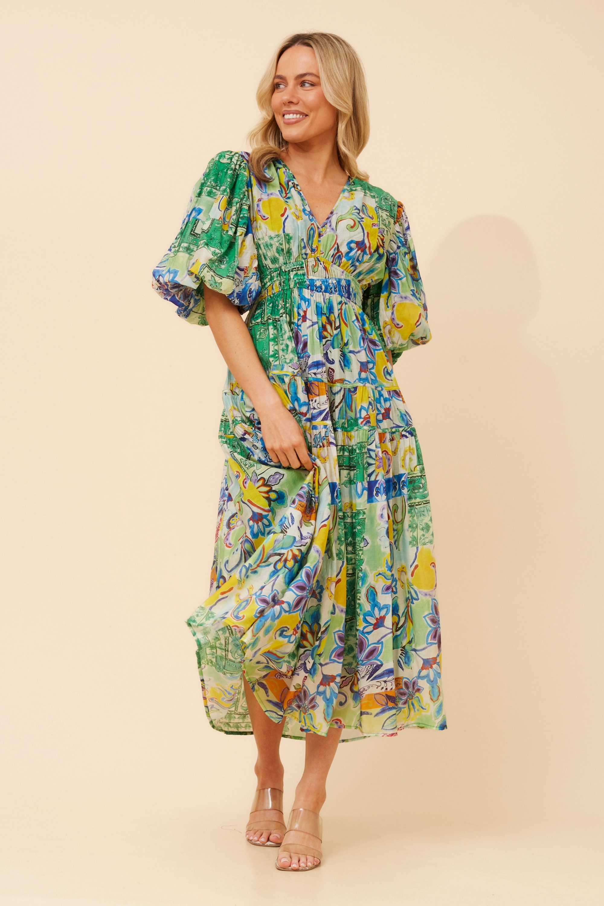 ANUSHKA PATCHWORK PRINT MIDI DRESS