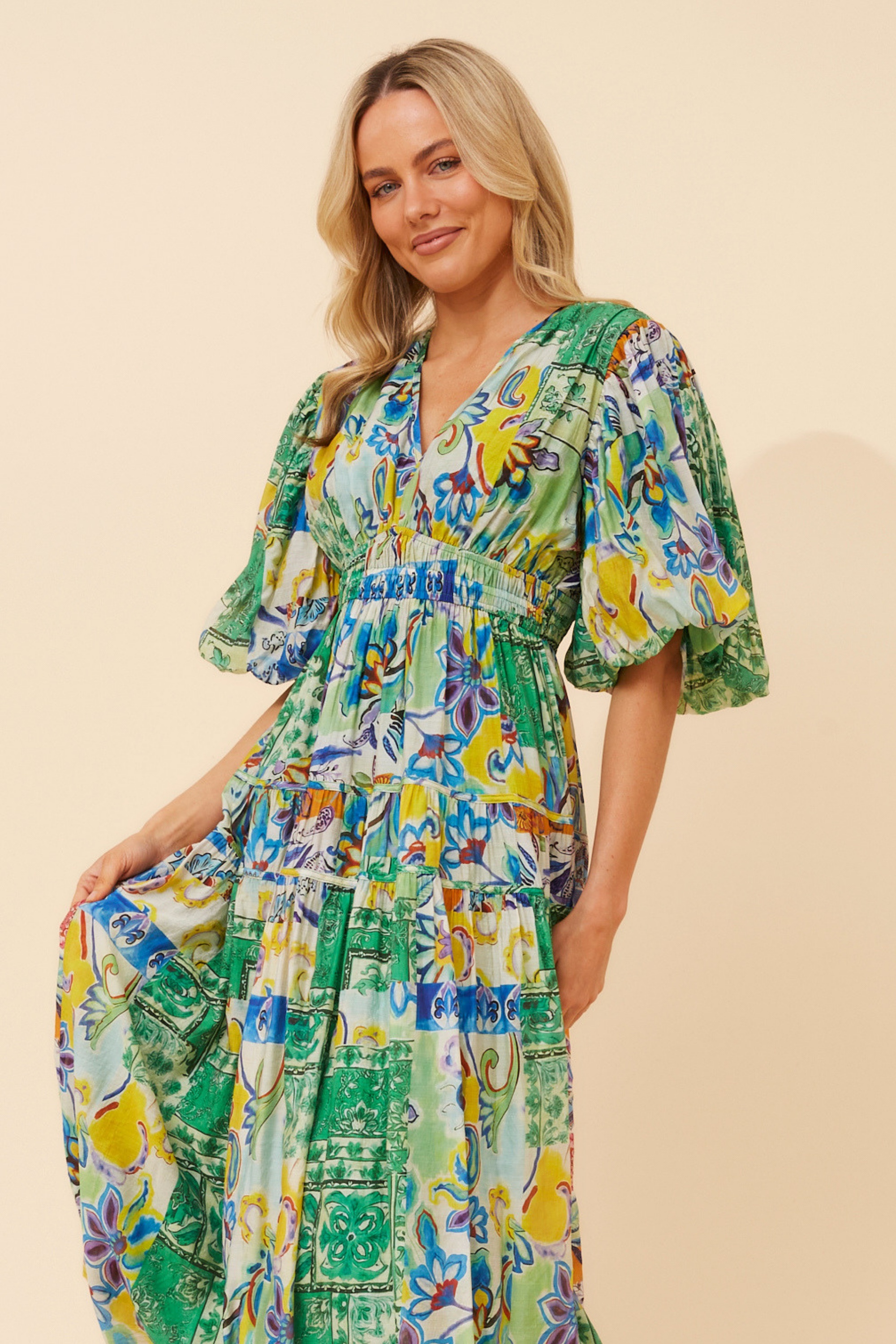 ANUSHKA PATCHWORK PRINT MIDI DRESS