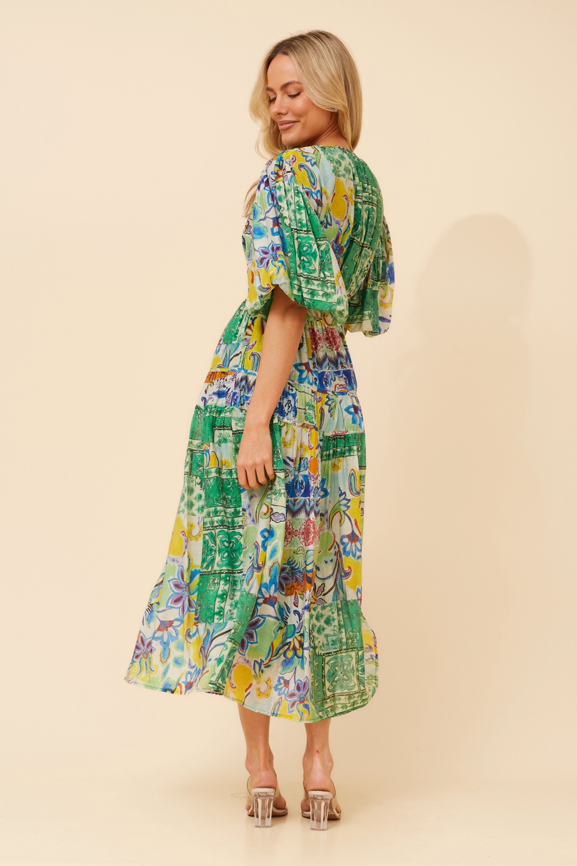 ANUSHKA PATCHWORK PRINT MIDI DRESS