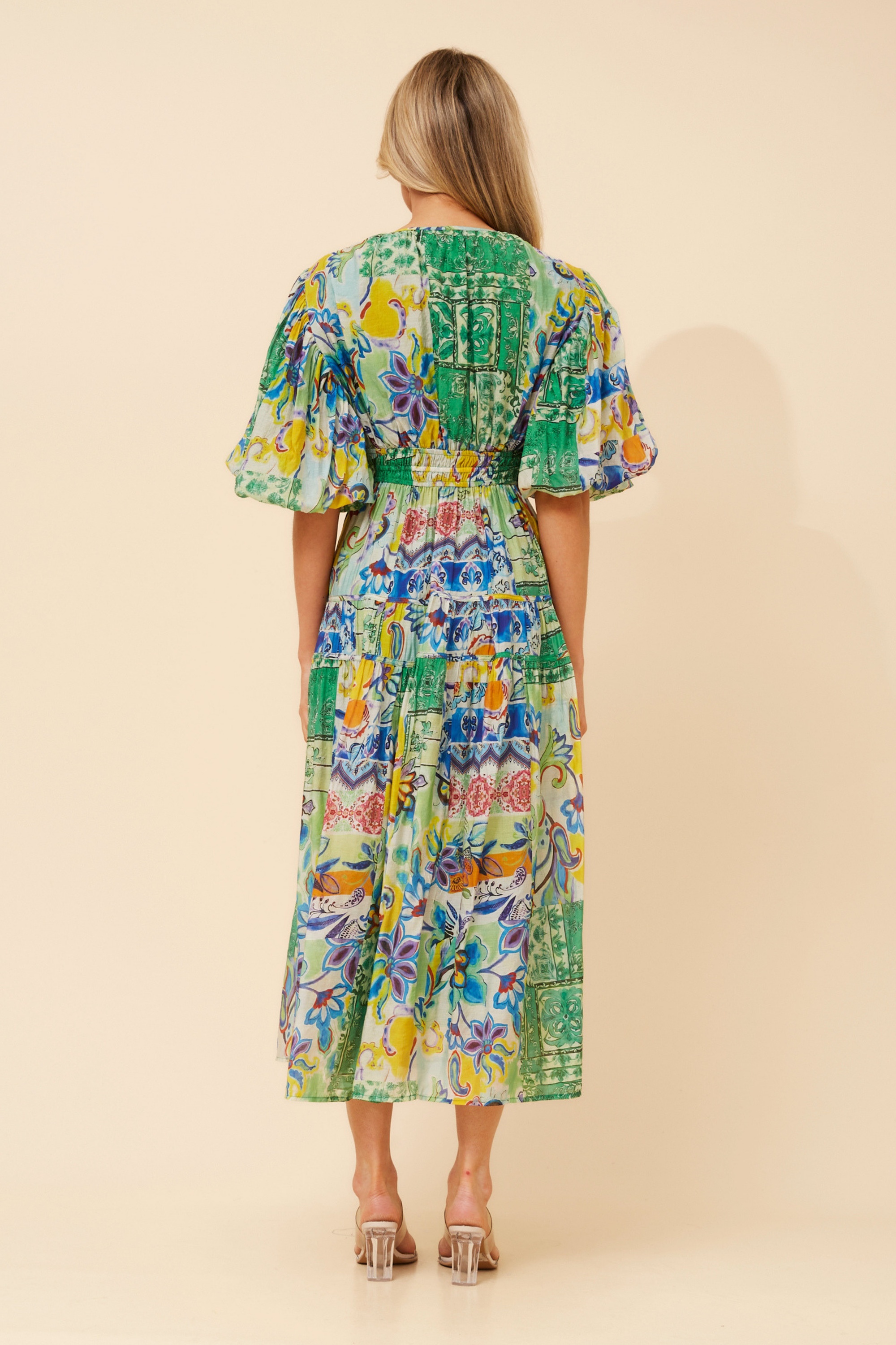 ANUSHKA PATCHWORK PRINT MIDI DRESS