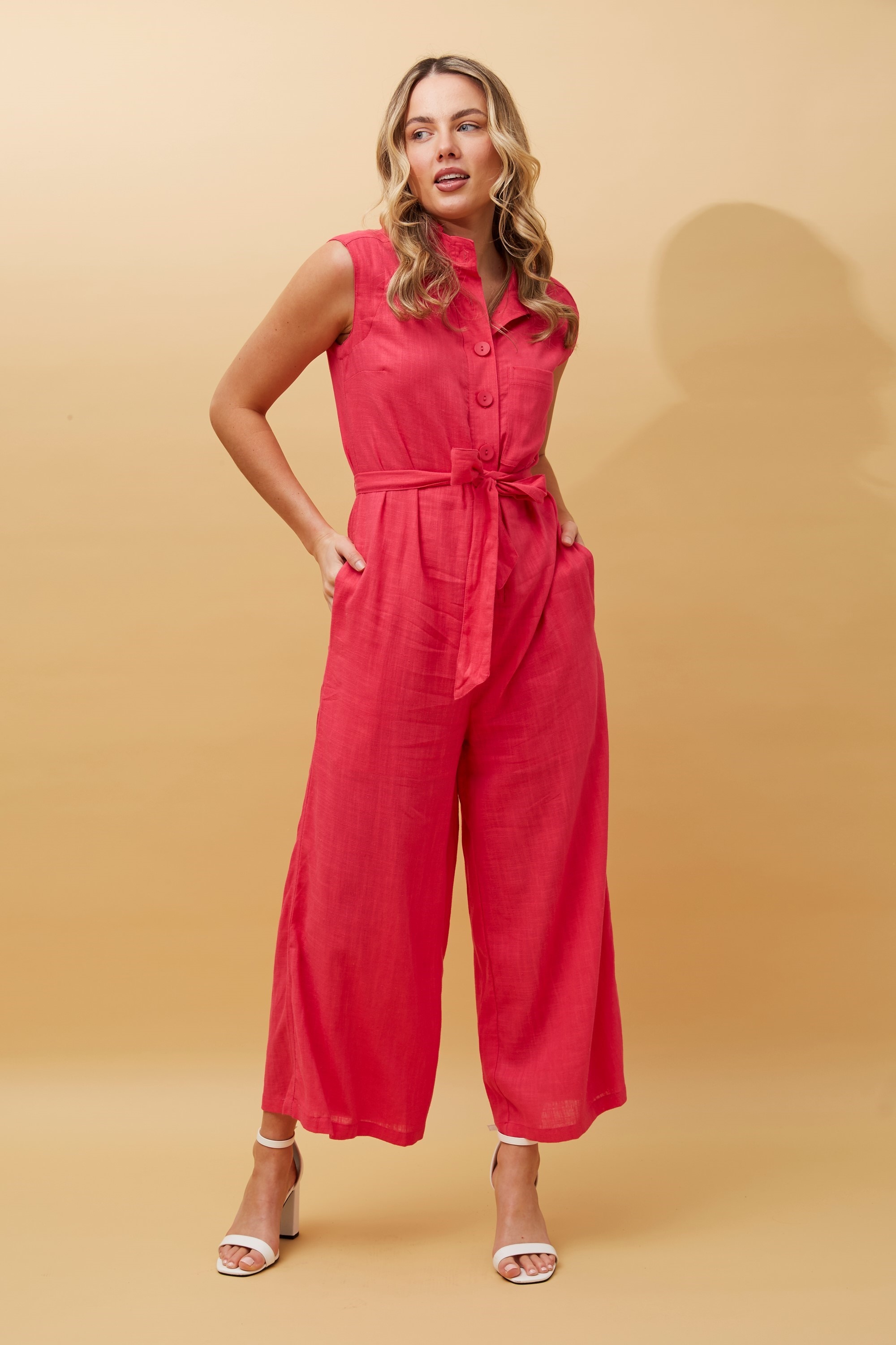 Ari sleeveless linen button front jumpsuit | Buy Online | Femme