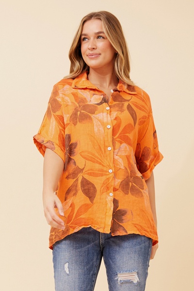ARIAH LEAF PRINT LINEN SHIRT