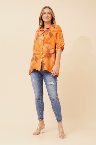 ARIAH LEAF PRINT LINEN SHIRT