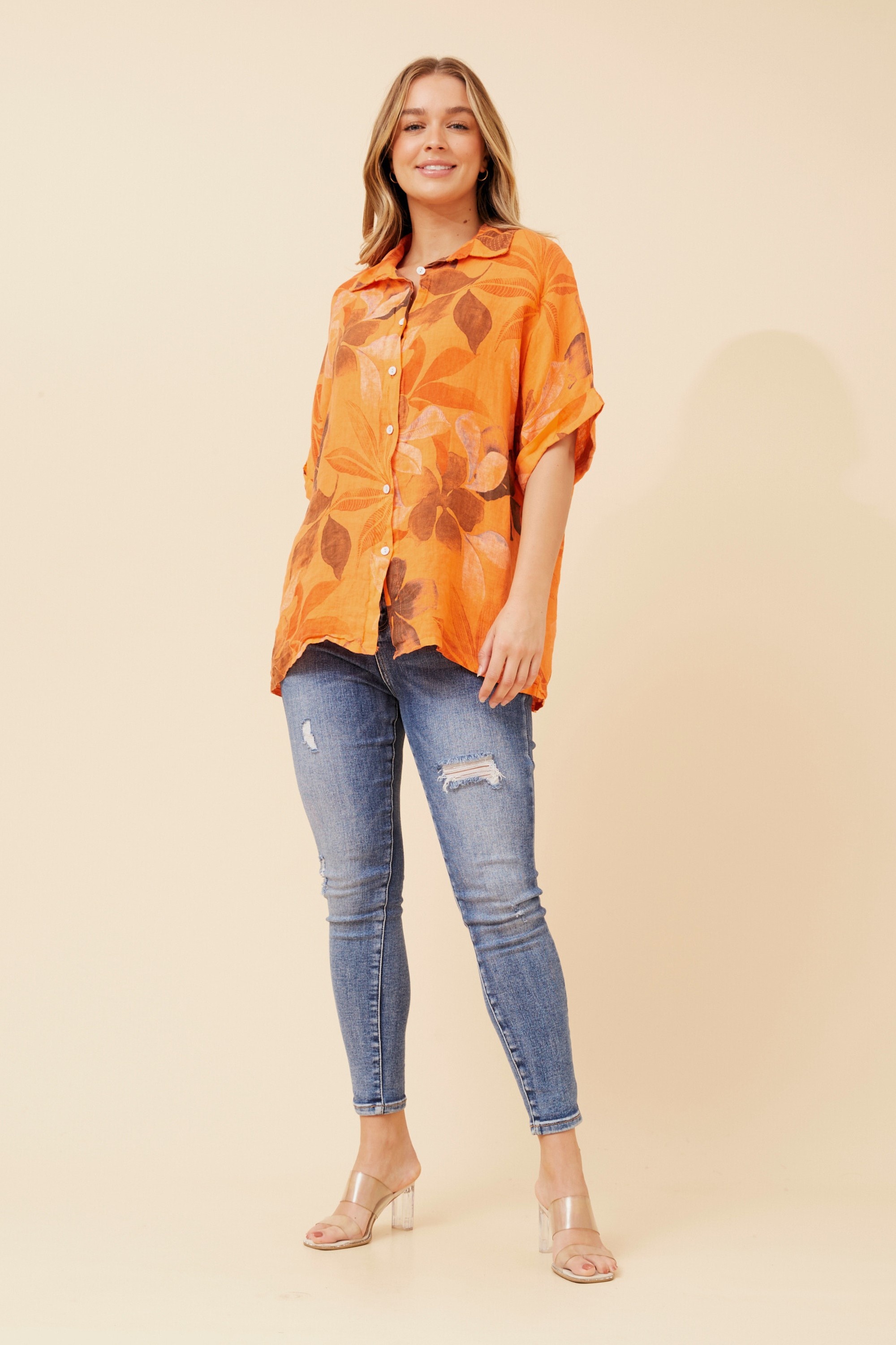ARIAH LEAF PRINT LINEN SHIRT
