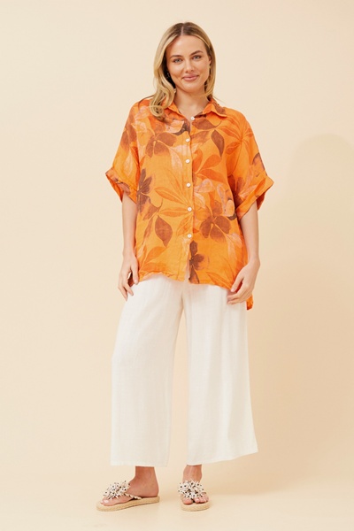 ARIAH LEAF PRINT LINEN SHIRT