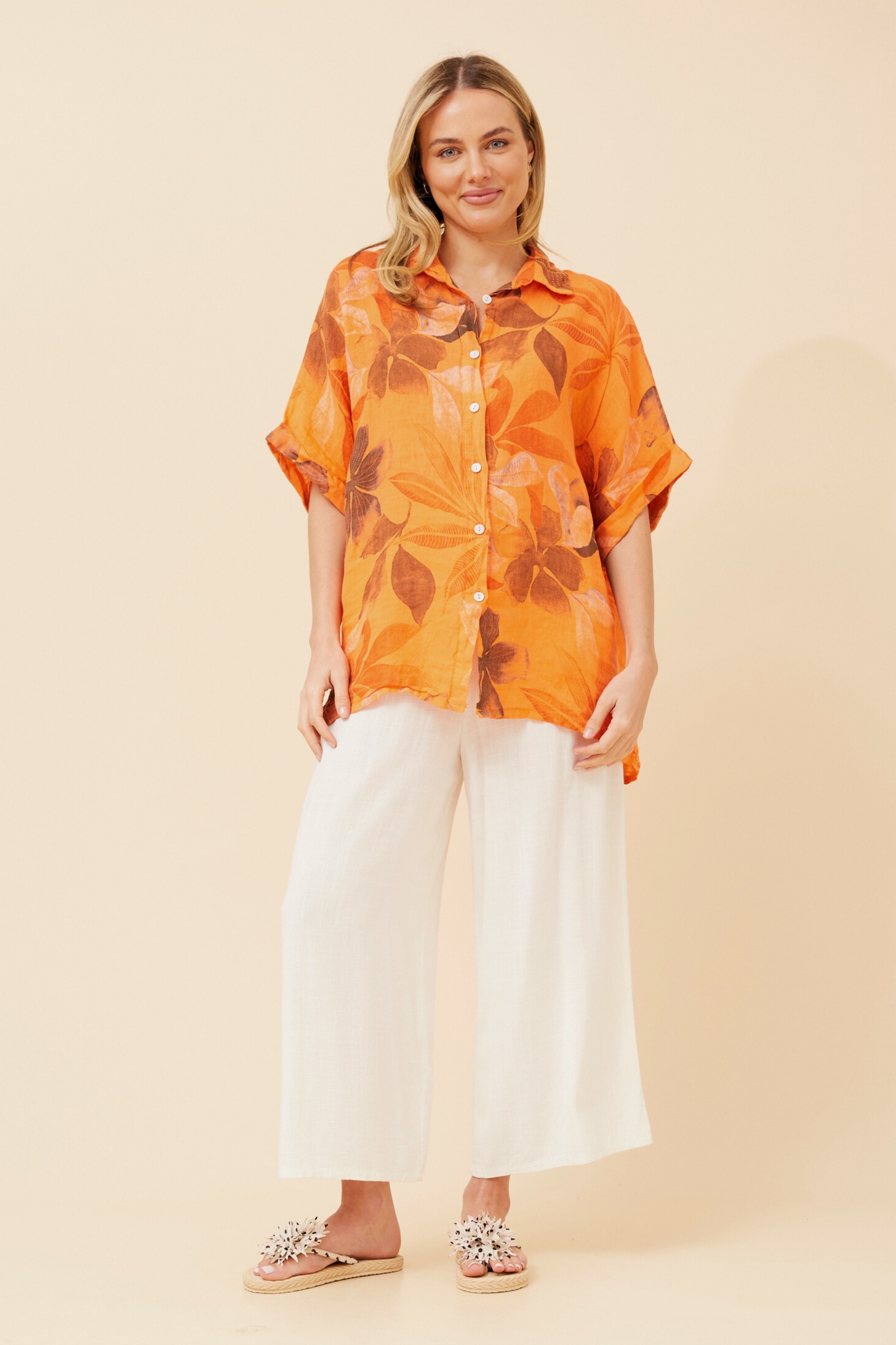 ARIAH LEAF PRINT LINEN SHIRT