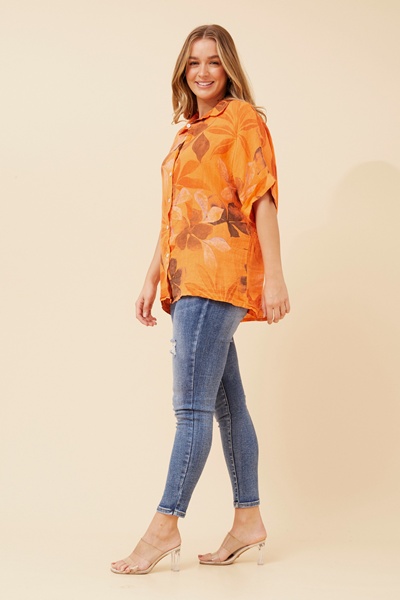 ARIAH LEAF PRINT LINEN SHIRT