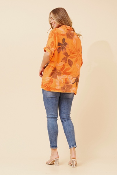ARIAH LEAF PRINT LINEN SHIRT