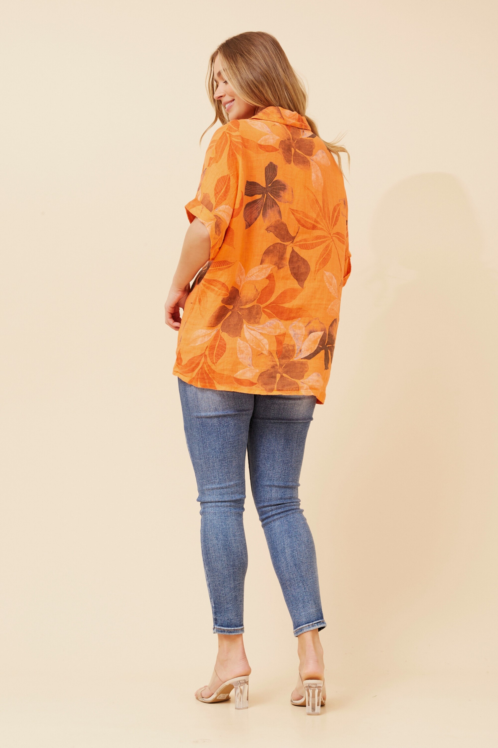 ARIAH LEAF PRINT LINEN SHIRT