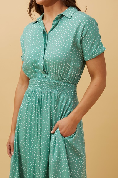 mint polka dot button through tea dress