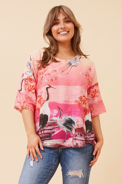 BABS BIRD PRINT LINEN TOP