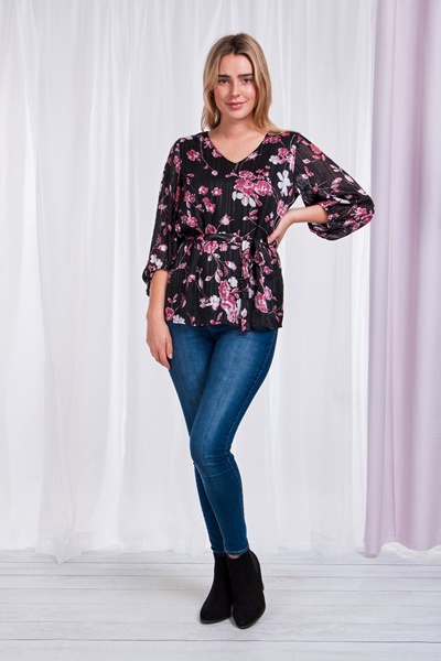 Celeste Full Size Floral V-Neck Balloon Sleeve Blouse