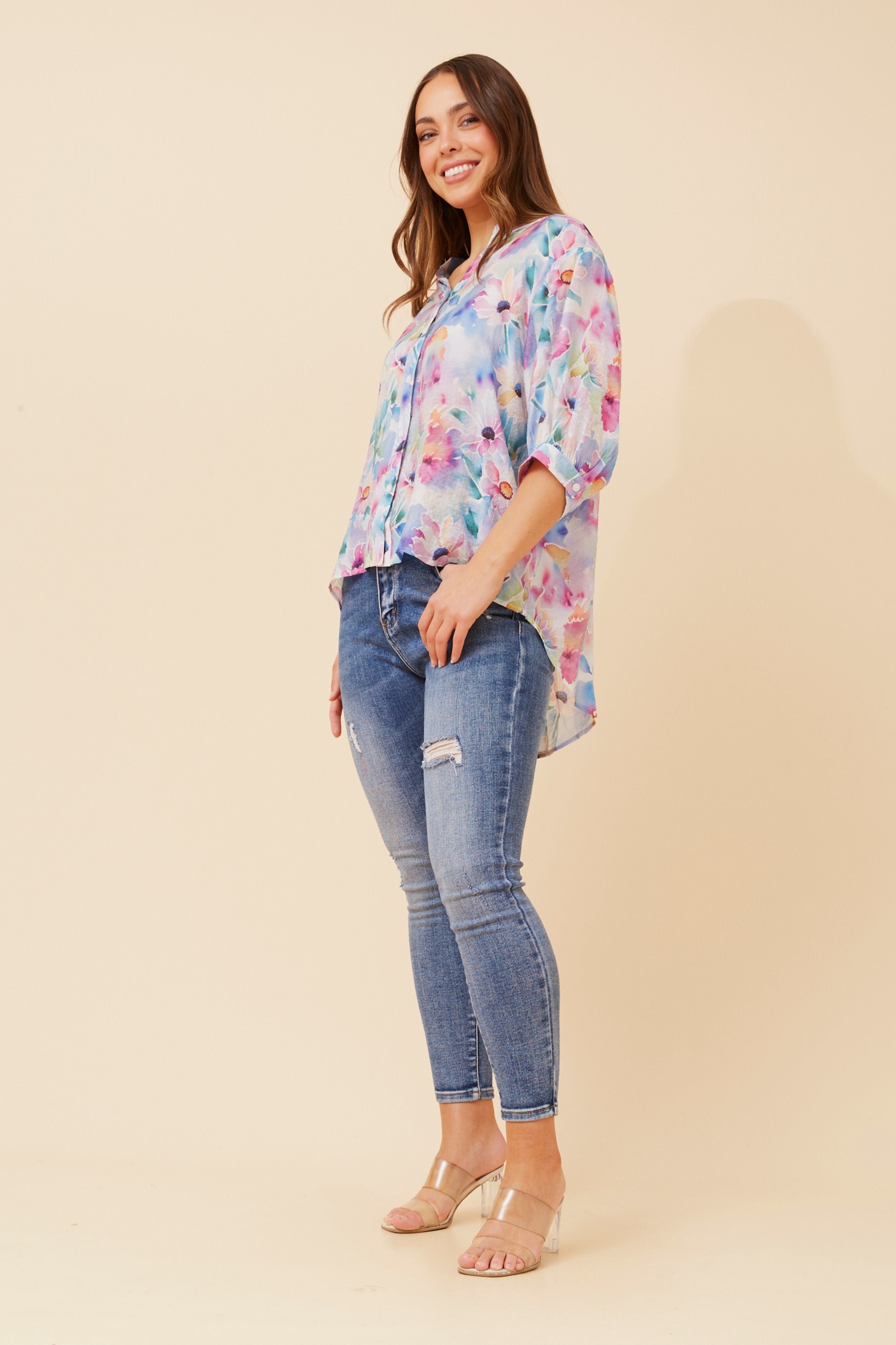 Femme Tee Shirt Manche 3/4 Imprimé Floral T-Shirt Décontracté Casual Confortable de Plage Chemise Femme Tendance Basique Hauts Ample Mode Lâche Respirant Pas Cher Tops pour Sortir Vacances