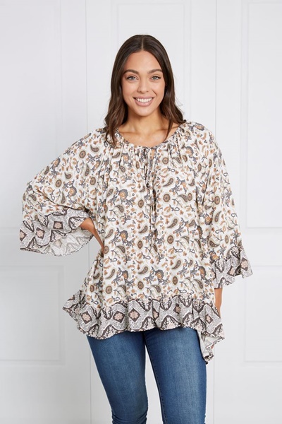 BOHO BORDER PRINT PEASANT TOP