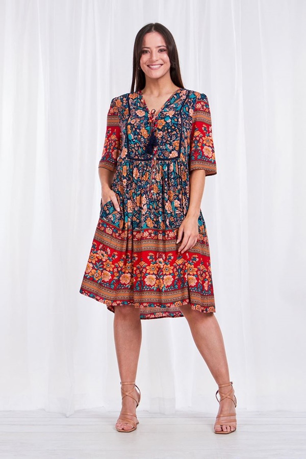 BORDER PRINT SMOCK DRESS BORDER PRINT SMOCK DRESS