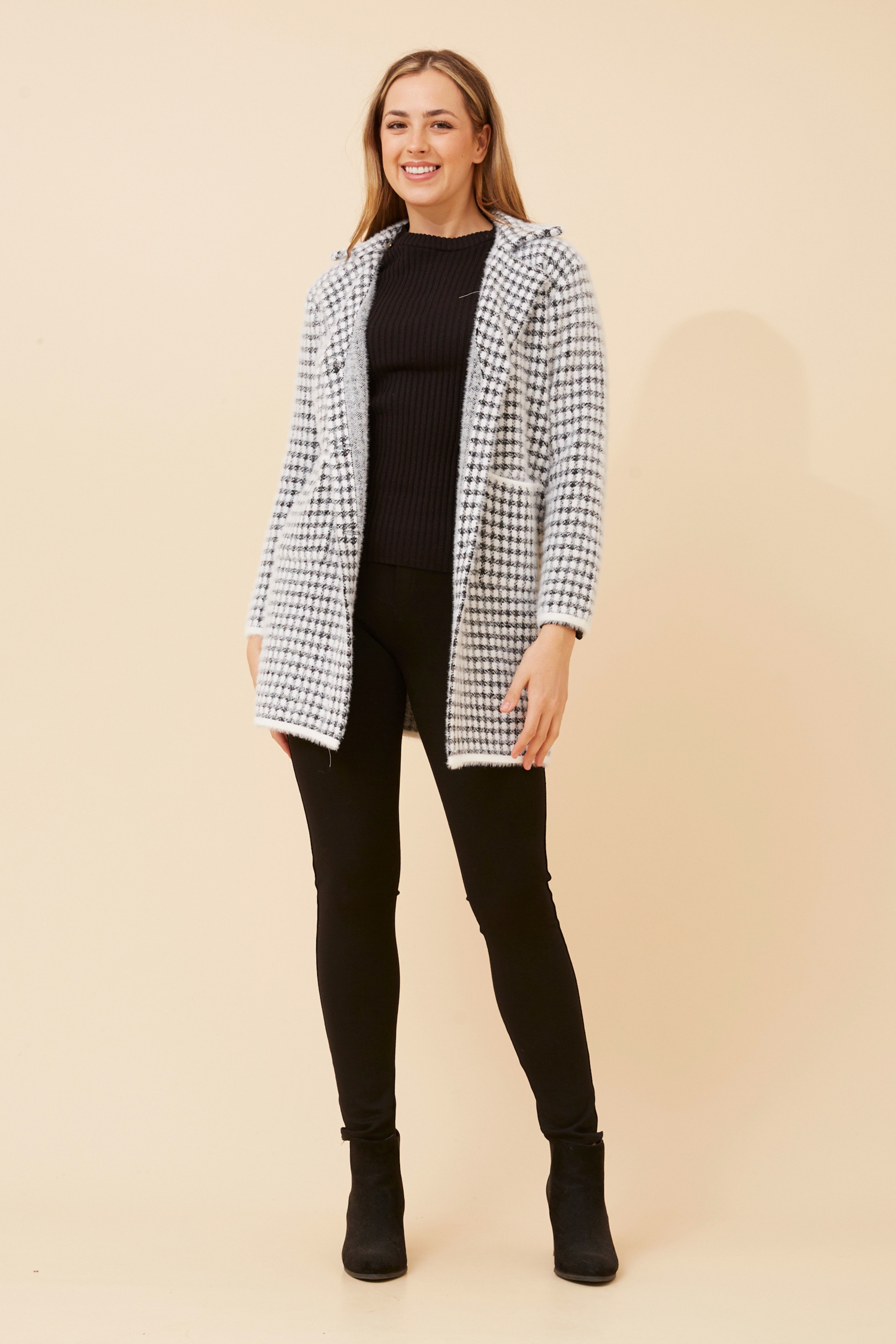 BRAD HOUNDSTOOTH PRINT KNIT COATIGAN