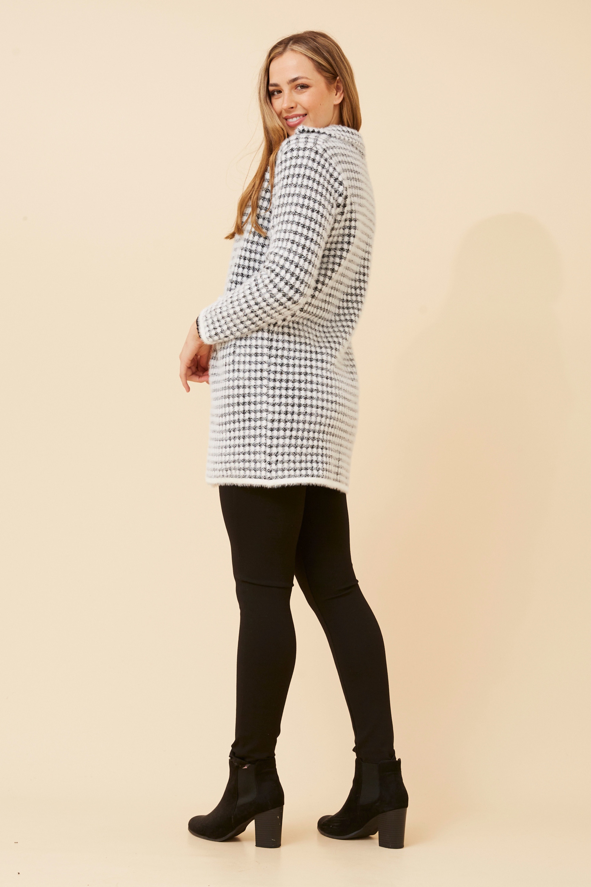 BRAD HOUNDSTOOTH PRINT KNIT COATIGAN