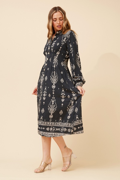 BREETA BORDER PRINT MIDI DRESS