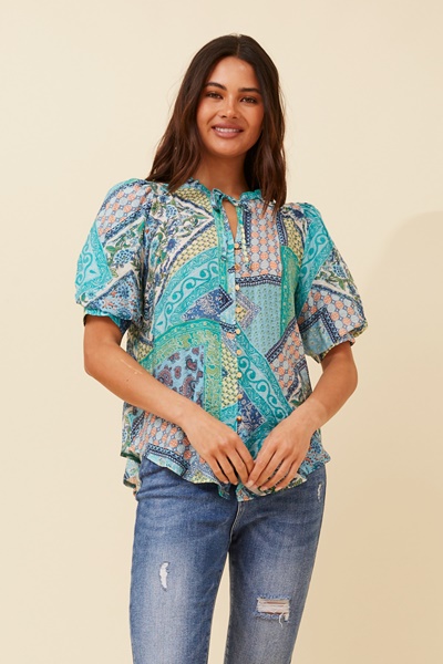 BRINLEY PATCHWORK PRINT BLOUSE