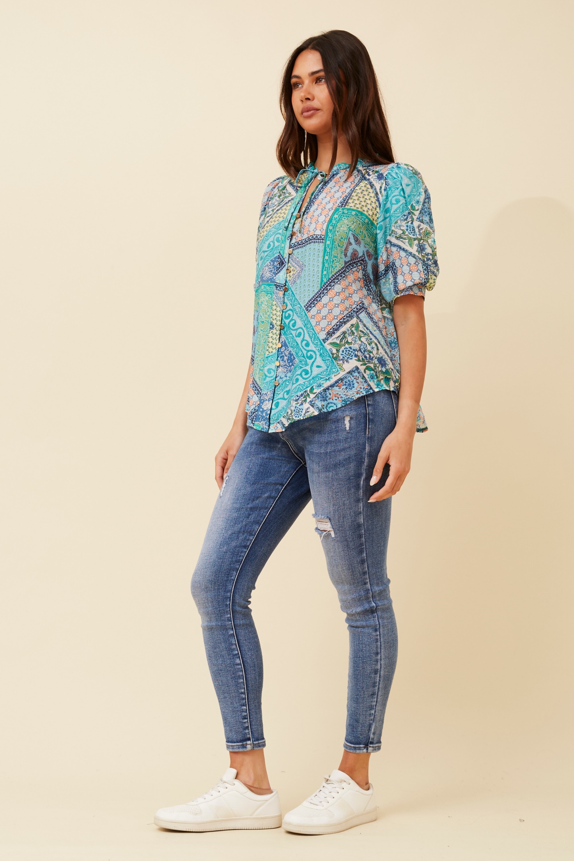 BRINLEY PATCHWORK PRINT BLOUSE