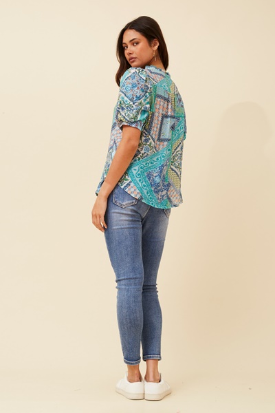 BRINLEY PATCHWORK PRINT BLOUSE