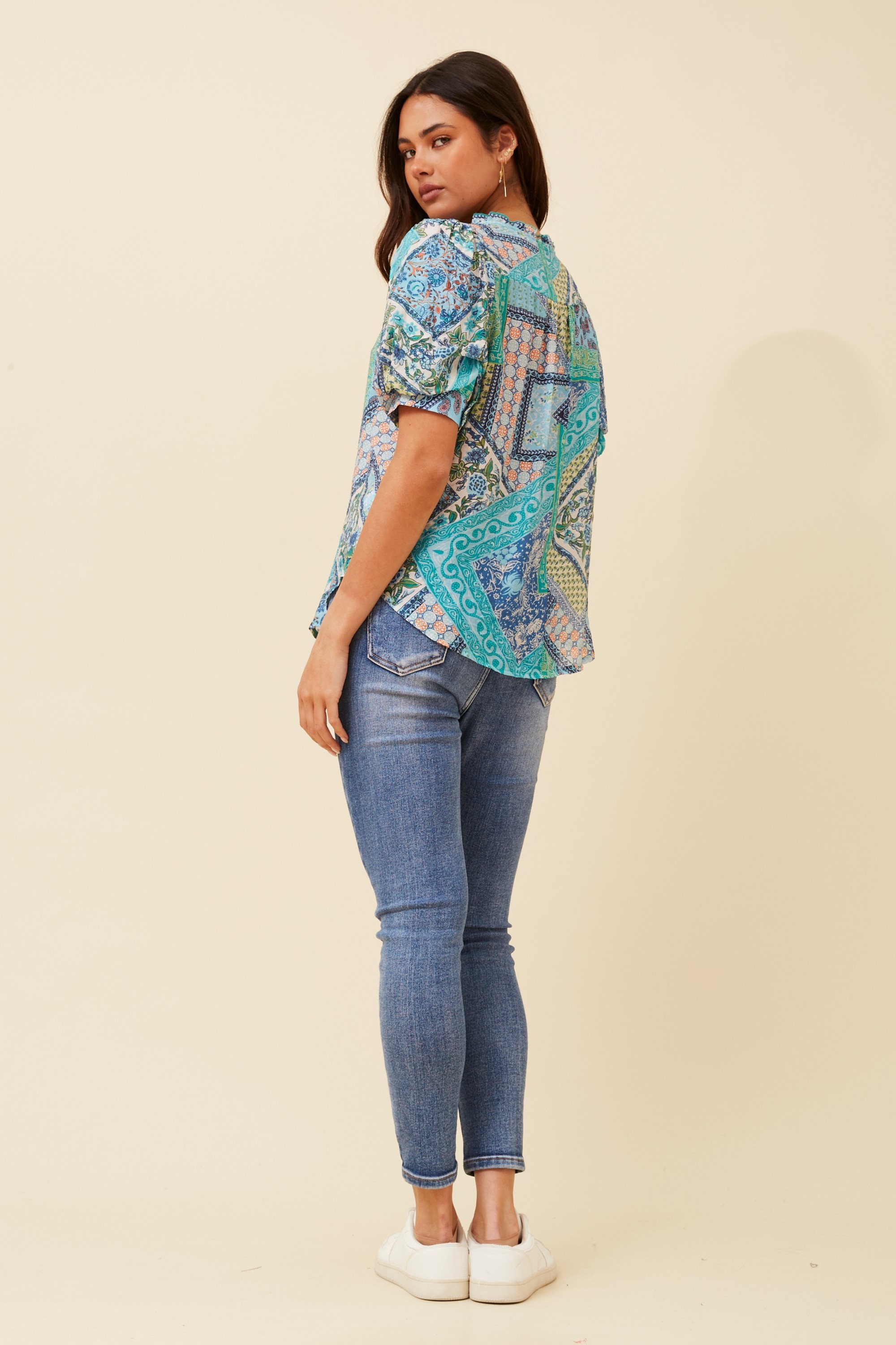 BRINLEY PATCHWORK PRINT BLOUSE