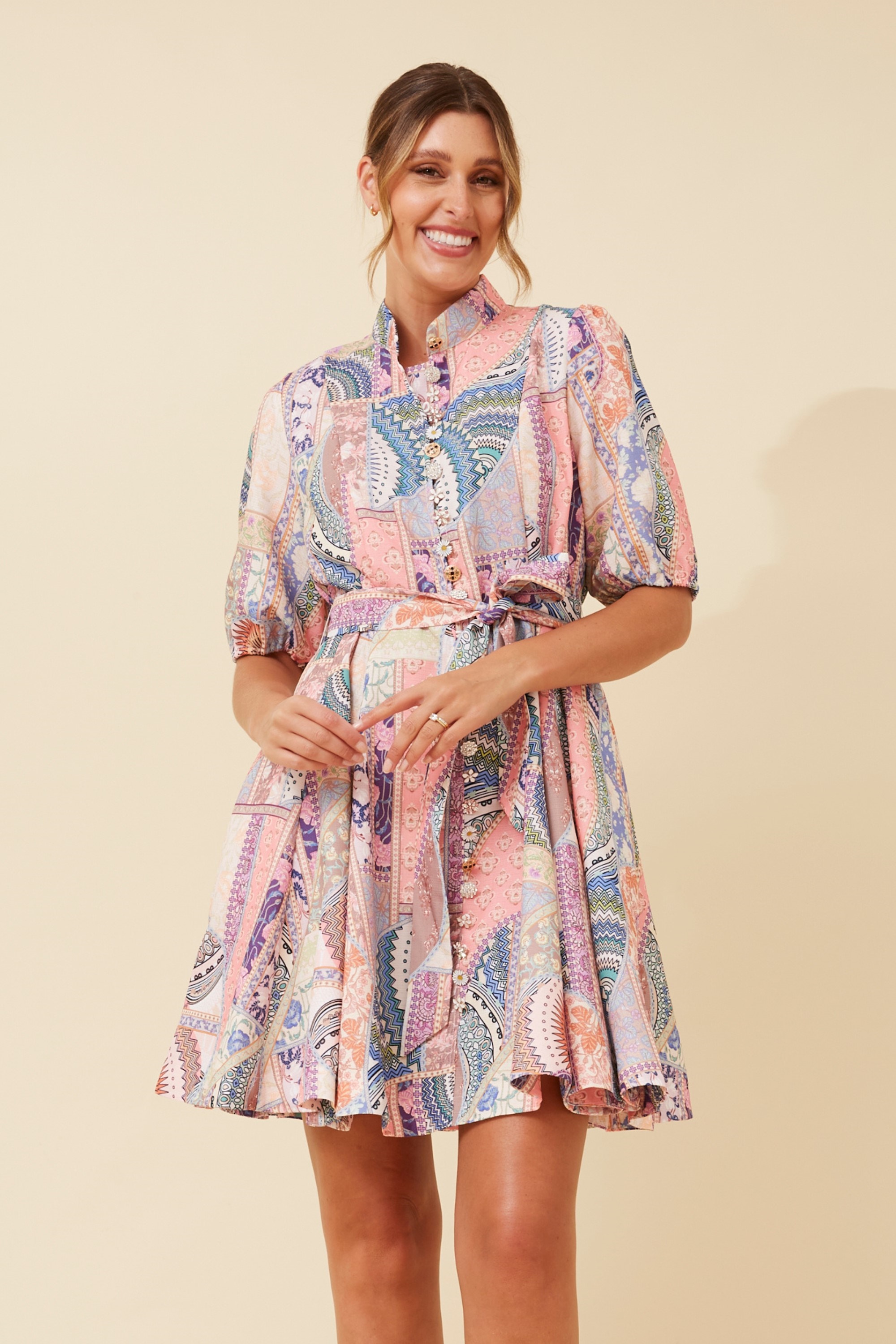 BRYNLEE PATCHWORK PRINT DRESS