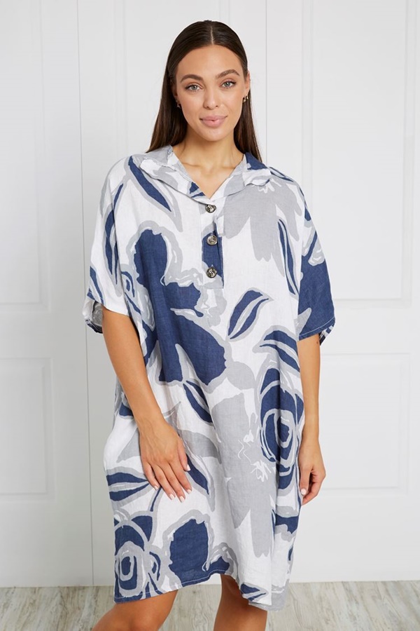 BUTTON FRONT FLORAL LINEN SHORT DRESS BUTTON FRONT FLORAL LINEN SHORT DRESS