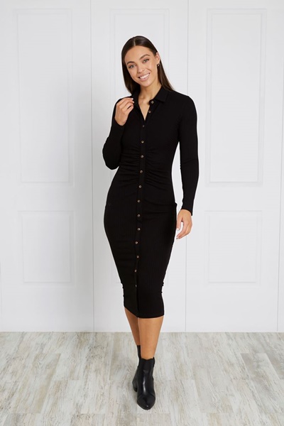 BUTTON FRONT RIBBED BODYCON DRESS